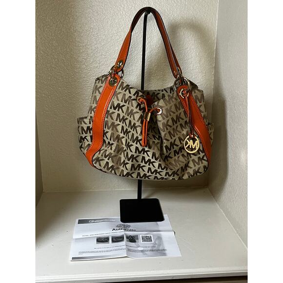 Michael Michael Kors Canvas & Orange Leather Pocket Bag - excellent condition - Picture 1 of 12